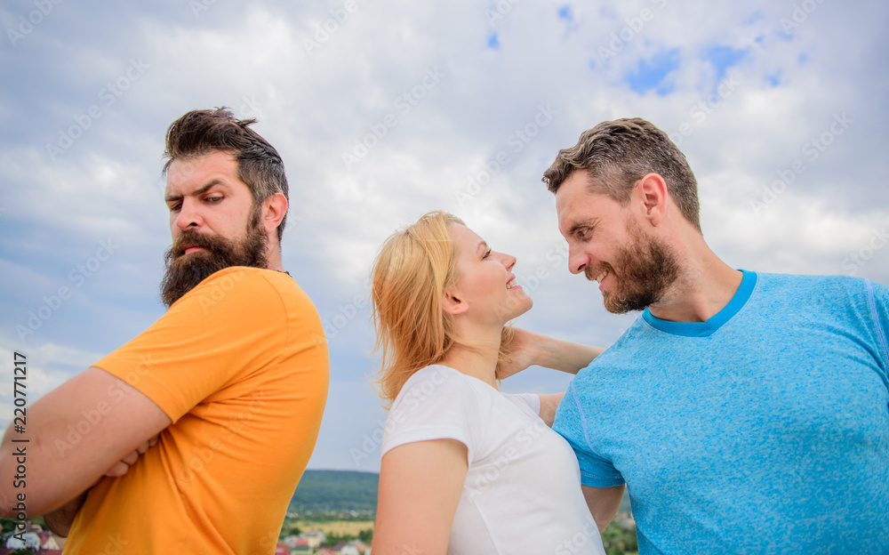 How deal with offended feelings. Girl stand between two men. Psychology ...