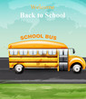 Back to school watercolor card Vector. Yellow bus and leaves. Math symbols backgrounds