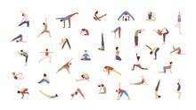 Crowd Of Tiny People Performing Yoga Exercises. Men And Women Practicing Asana Isolated On White Background. Spiritual Practice And Physical Activity. Flat Cartoon Colored Vector Illustration.