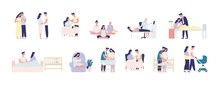 Collection Of Pregnancy And Maternity Scenes. Bundle Of Pregnant Woman Performing Daily Activities, Visiting Physician, Caring With Man For Infant Newborn Baby. Flat Cartoon Vector Illustration.