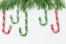Red And Green Candy Canes With Christmas Tree On White Concrete Background. Holiday Concept. Xmas Theme.