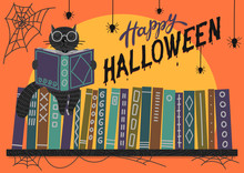 Happy Halloween. Black Cat Reading Book On Bookshelf On Orange Background With Lettering. Vector Illustration. Perfect Greeting Card, Banner For Libraries, Bookstores And Educational Institutions .