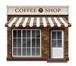 Exterior coffee boutique shop or cafe brick texture. Blank mockup of stylish realistic coffee street shop. Small 3d store front facade. vector illustration