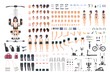 © Good Studio - Sportswoman or fitness girl DIY kit. Set of woman's body parts, postures, sports equipment, exercise machines isolated on white background. Front, side and back views. Cartoon vector illustration.