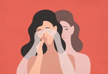 Sad Young Woman With Lowered Head And Her Ghostly Twin Standing Behind And Covering Her Eyes With Hands. Concept Of Self-deception, Reality Denial, Rationalization. Modern Flat Vector Illustration.