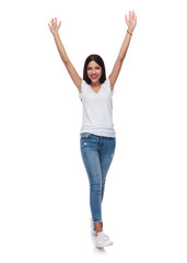 Wall Mural - beautiful brunette woman in white t-shirt stepping and celebrating
