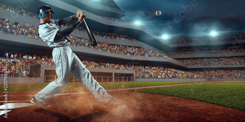 Fototapety Baseball  gracz-baseballa-uderza-pilke-na-profesjonalnym-stadionie-baseballowym
