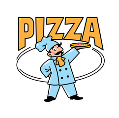 Canvas Print - Emblem of funny cook or baker with pizza and logo