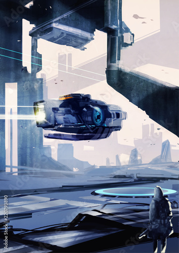 Fotografía Spaceship cruising over futuristic cityscape