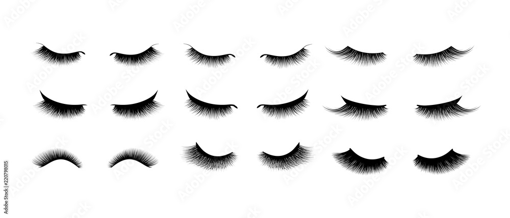 Eyelash extension set. Beautiful black long eyelashes. Closed eye . False beauty cilia. Mascara natural effect. Professional glamor makeup. - obrazy, fototapety, plakaty 