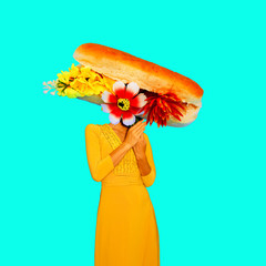 Wall Mural - Contemporary art minimal collage.  Vintage Lady Sandwich. Funny Fast food minimal project