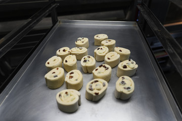 Wall Mural - Buns with raisins on a baking sheet before baking in the oven