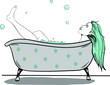 Woman in a bath tube Vector. Green hair character. art line storyboards