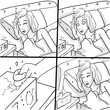 Woman waking up by the morning alarm Vector. Cartoon comics, storyboard artlines