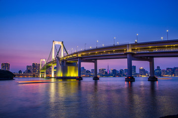 Fototapete - Tokyo skyline and rainbow bridge at night in Odaiba waterfront