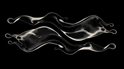 Black background with splash of liquid. 3d illustration, 3d rendering.