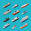Passenger and cargo ships, sailing boats, yachts and vessels isometric vector transportation icons isolated. Liner and tugboat, tanker shipping, steamboat illustration