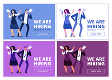 We Are Hiring Concept. Man And Woman With Megaphone Shouting For Interview. Business Recruitment Vector Background. Hiring Human, Hr And Interview Illustration