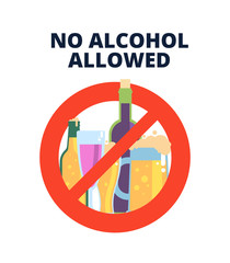 Sticker - No alcohol sign. Alcoholic beverages, beer in red prohibition symbol. Stop alcoholism bad habits vector concept. Ban and stop alcoholic, no beverage alcohol illustration