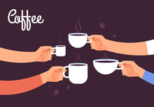 Drinking Coffee Concept. Friends Drink Coffee For Breakfast. Break In Office With Espresso Vector Concept. Illustration Of Coffee Drink, Cafe Breakfast Morning With Hot Espresso