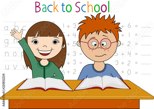 Back To School Cartoon Drawing Of A Boy And Girl Sitting At A Desk