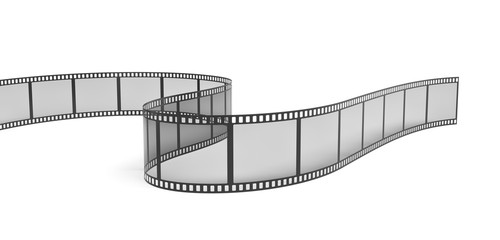 3d rendering of a single film strip arranged in turns and bends on white background.