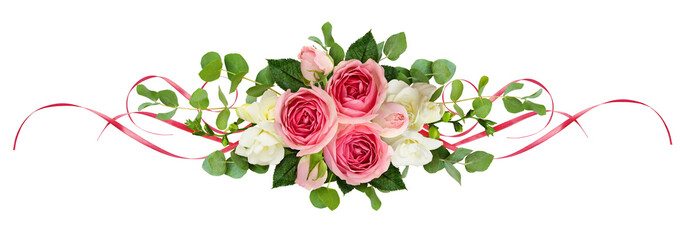 Wall Mural - horizontal arrangement with pink roses, freesia flowers, eucalyptus leaves and sarin ribbons