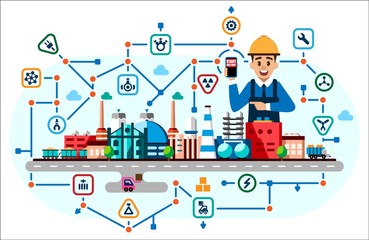 global industrial factory technology process with ecology concept. flat style illustration of manufa