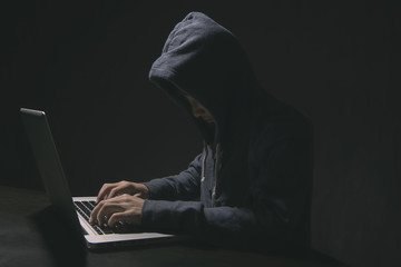 hacker in darkness the access to steal information and infect computers and systems. concept of hack