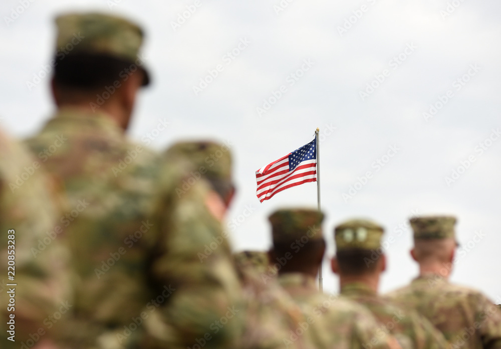 American Soldiers and US Flag. US troops - obrazy, fototapety, plakaty 