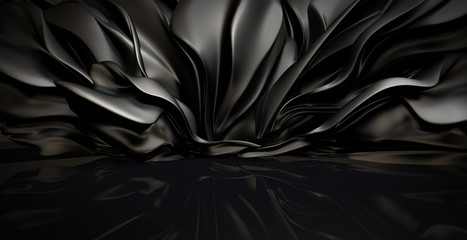 Beautiful stylish black background with developing, flying cloth in a room with a reflection on the floor