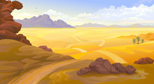 Mountains And Rocks On A Desert Landscape. A Road Across The Empty Desert