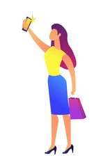 Poster - Business woman with shopping bag taking selfie with smartphone vector illustration