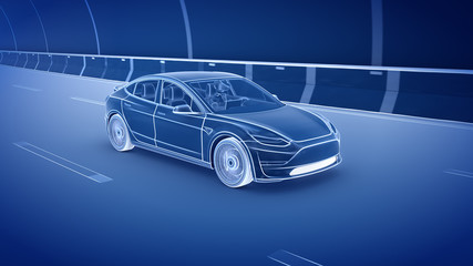 Wall Mural - Modern Electric car rides through tunnel 3d rendering