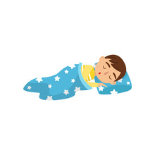 Cute Boy Sleeping On His Bed, Kids Activity, Daily Routine Vector Illustration On A White Background