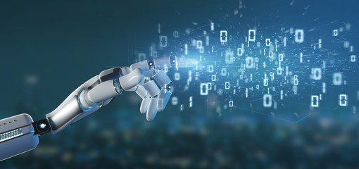 Cyborg hand holding a Data binary cloud 3d rendering