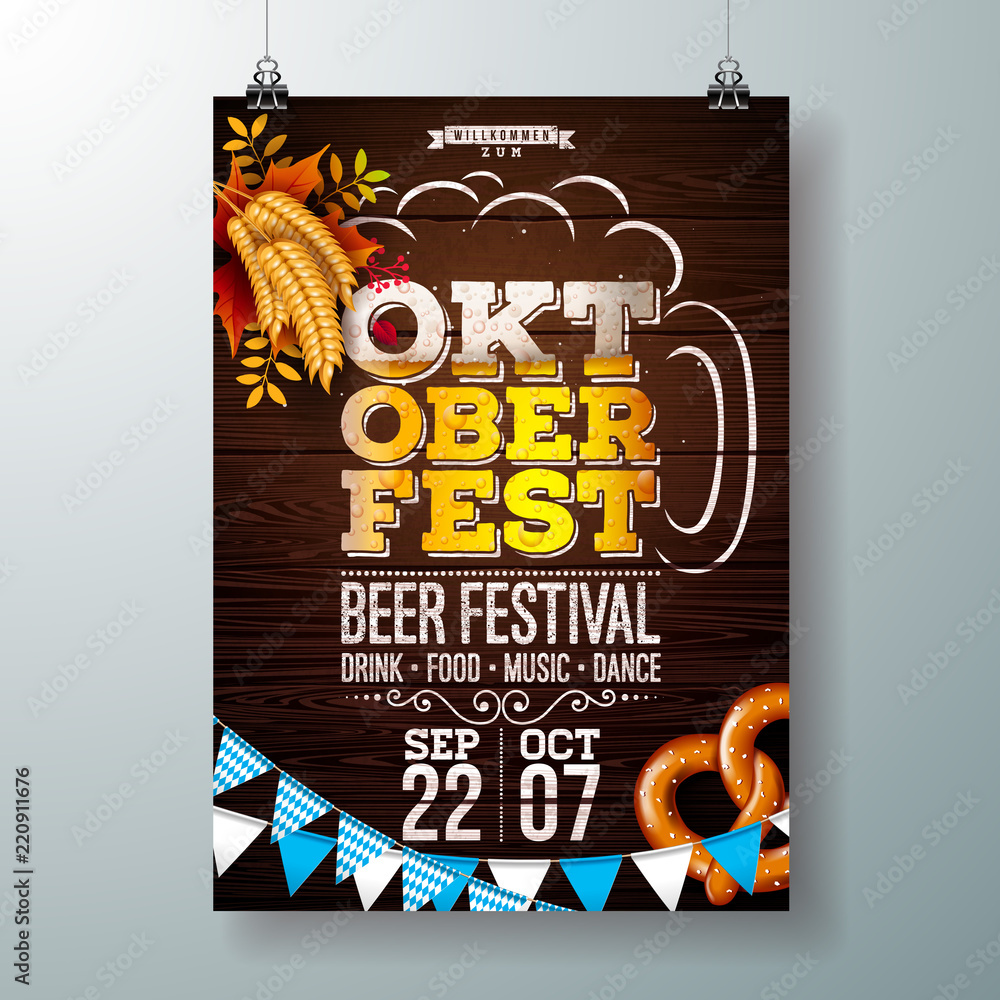 Oktoberfest party poster vector illustration with fresh beer in ...