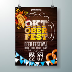 Wall Mural - Oktoberfest party poster vector illustration with fresh beer in typography letter, pretzel, wheat, Bavaria flag and autumn leaves on wood texture background. Celebration flyer template for traditional