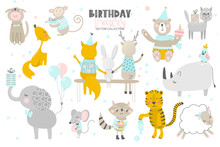 Happy Birthday.Cute Animals Hand Drawn Style. Vector Collection.