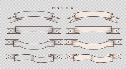 Wall Mural - set of simplified vintage hand drawn ribbons isolated on the sham transparent background. collection