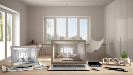 Architect designer desktop concept, laptop and tablet on wooden work desk with screen showing interior design project and CAD sketch, blurred draft in the background, living room