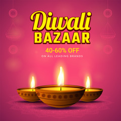 Wall Mural - 40-60% discount offer on diwali bazaar with illustration of illuminated oil lamps on shiny pink back