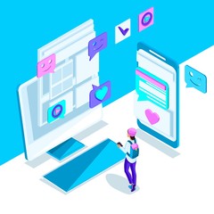 Wall Mural - isometry is a bright template with an internet correspondence of a young girl, smartphone, monitor, 