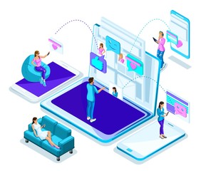 Wall Mural - isometrics teenagers, young people, social networks. correspondence, a man leads online communicatio