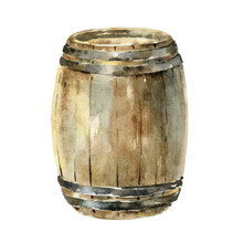 Watercolor Wooden Wine Barrel Isolated On White Background