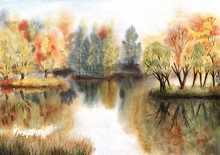 Watercolor Autumn Landscape With Trees On Islands And Their Reflections In A Lake