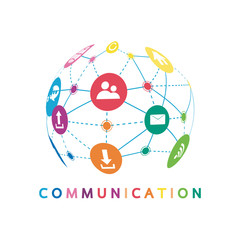 Vector illustration of a communication concept. The word communication with colorful dialog speech bubbles