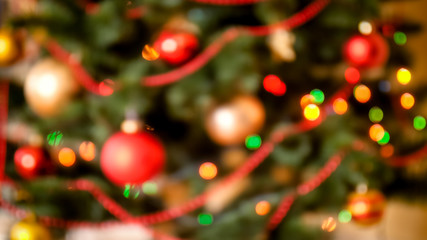 Wall Mural - Closeup blurred photo of colorful bokehs and lights on Christmas tree