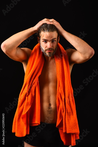 Macho Attractive Nude Guy Black Background Man With Orange Towel