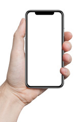 Wall Mural - isolated male hand holding the phone tablet touch computer gadget with isolated display
